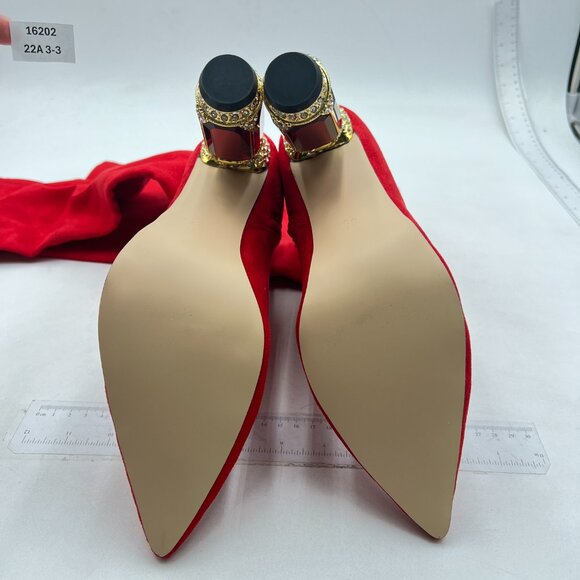 FSJ Red Over The Knee Boot Crystal Chunky High Heel Stretch Thigh High Long Boot - Picture 7 of 8